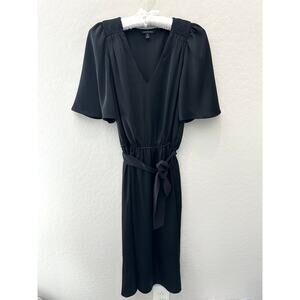BANANA REPUBLIC | Black Midi Dress Flutter Sleeve V-Neck | Size Small Tall
